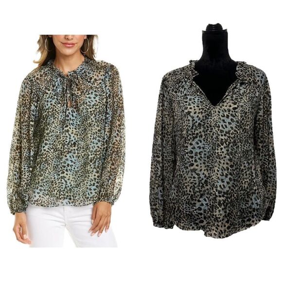 Rebecca Taylor Lynx Tie Sage Leopard Print Blouse Size 6 - Picture 1 of 15
